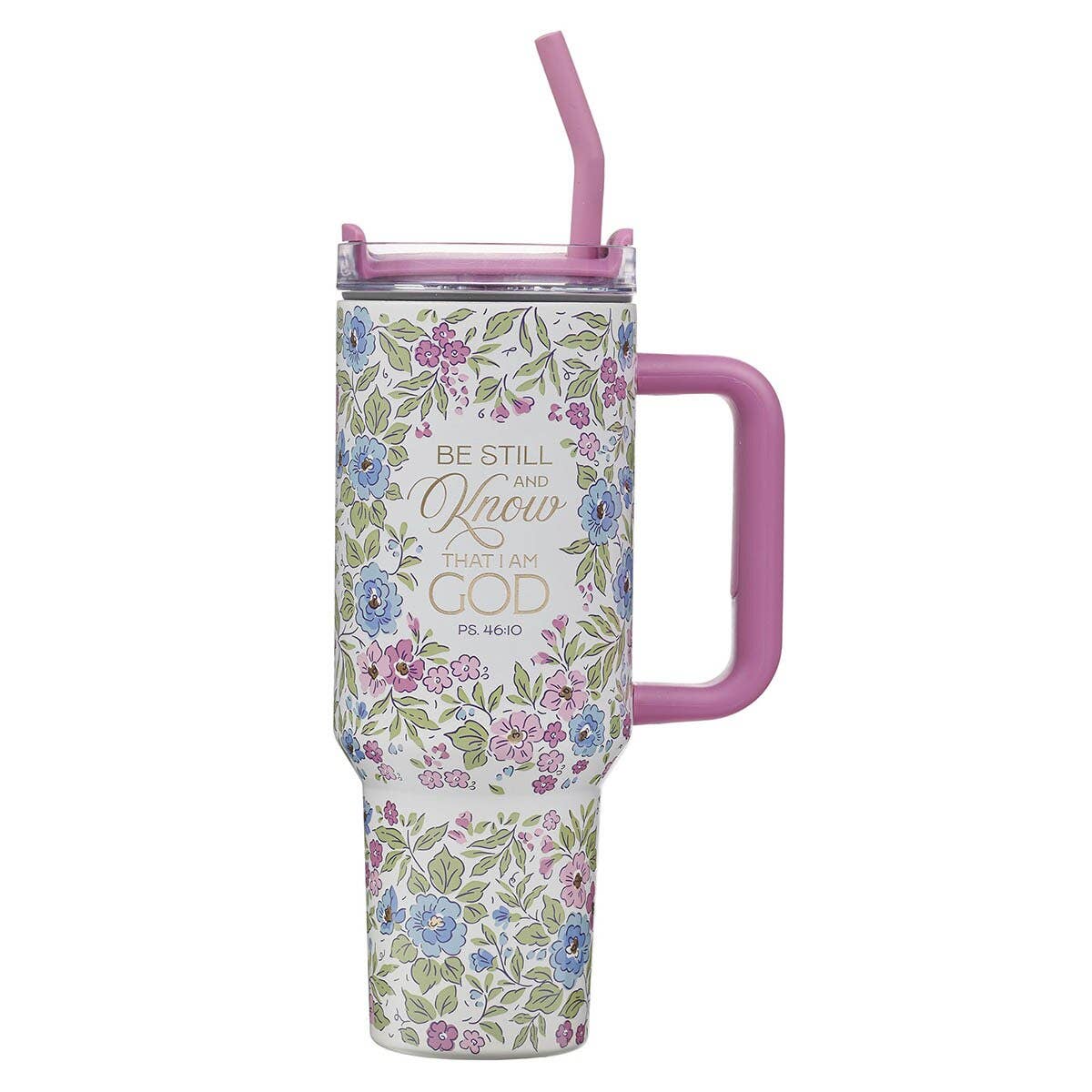 Be Still and Know purple floral tumbler