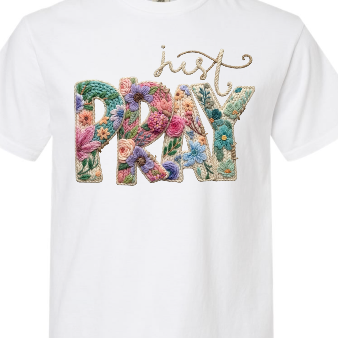 Just Pray Faux Yarn Crochet Comfort Color Tee