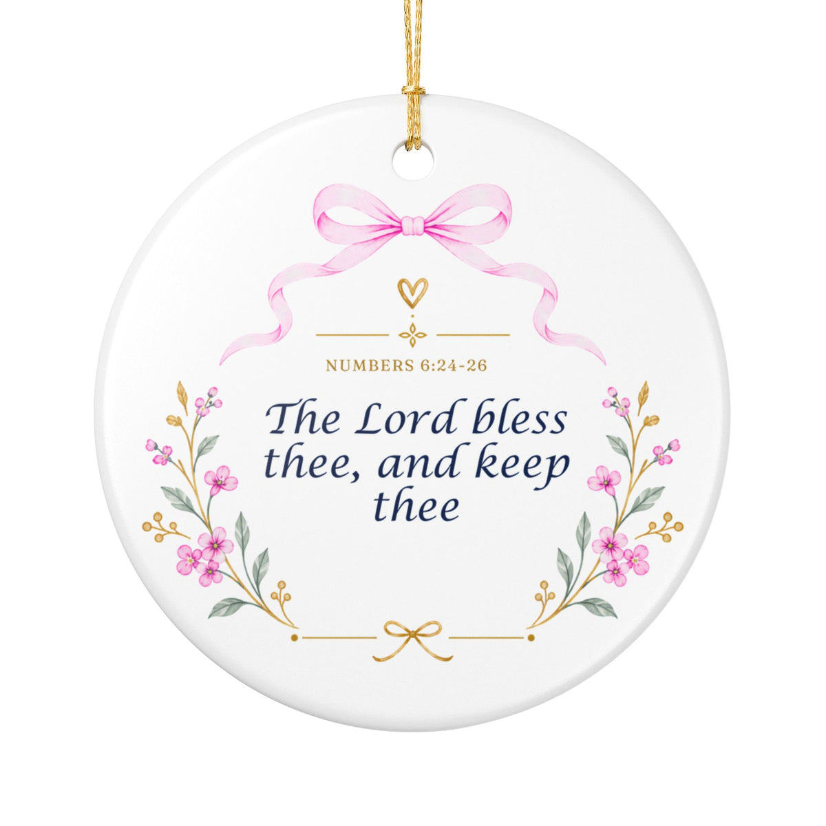 Pink Ceramic Ornament – "The Lord Bless Thee" Floral Keepsake (Personalizable Monogram Option)