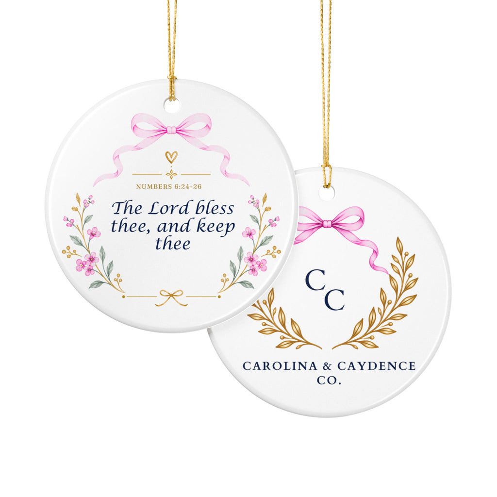 Pink Ceramic Ornament – "The Lord Bless Thee" Floral Keepsake (Personalizable Monogram Option)