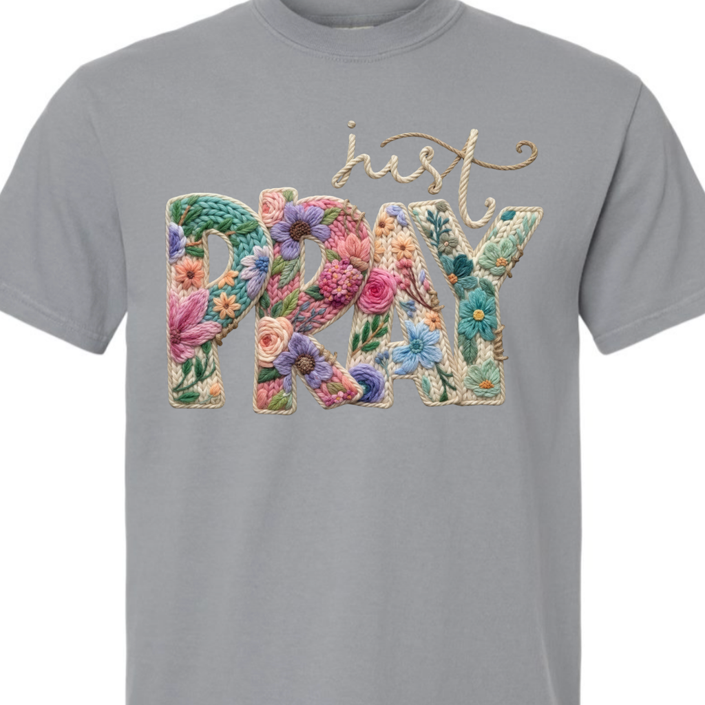 Just Pray Faux Yarn Crochet Comfort Color Tee