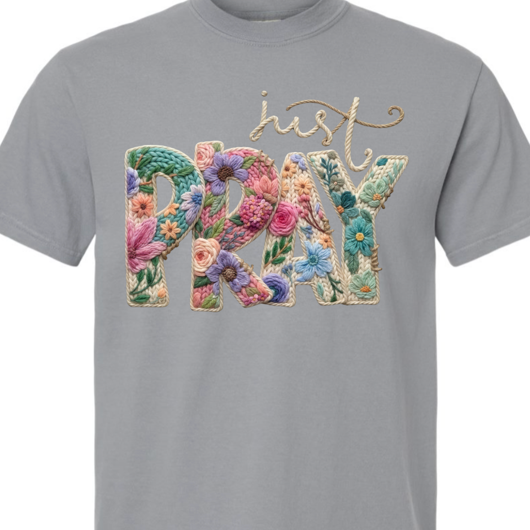 Just Pray Faux Yarn Crochet Comfort Color Tee