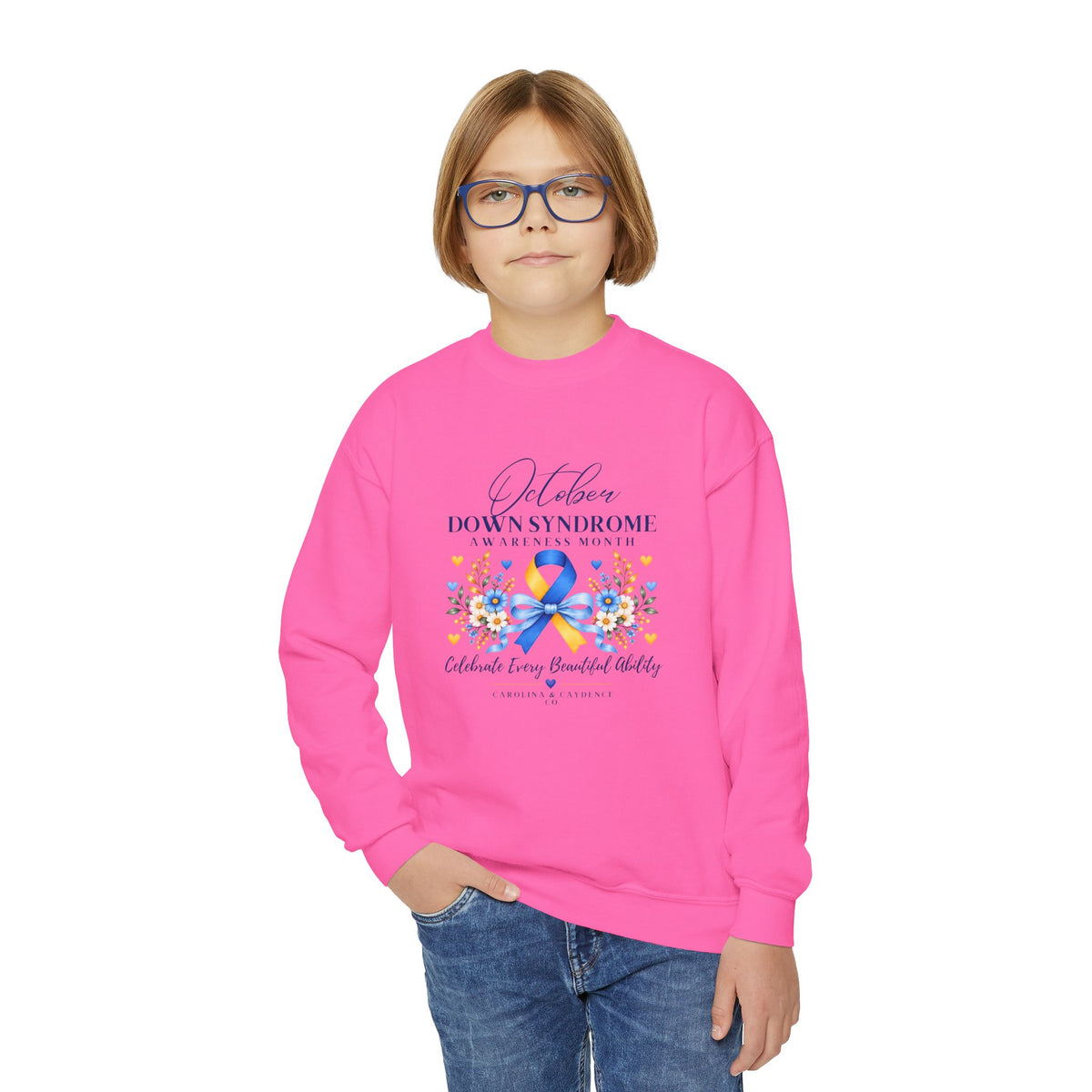 Down Syndrome Awareness Youth Crewneck – Floral Ribbon