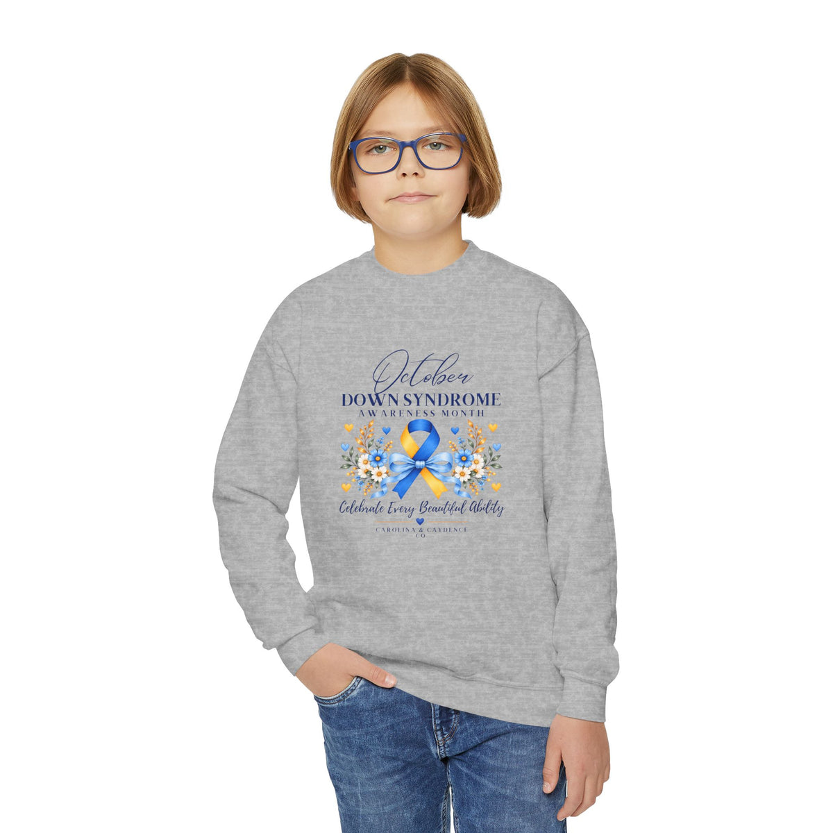 Down Syndrome Awareness Youth Crewneck – Floral Ribbon