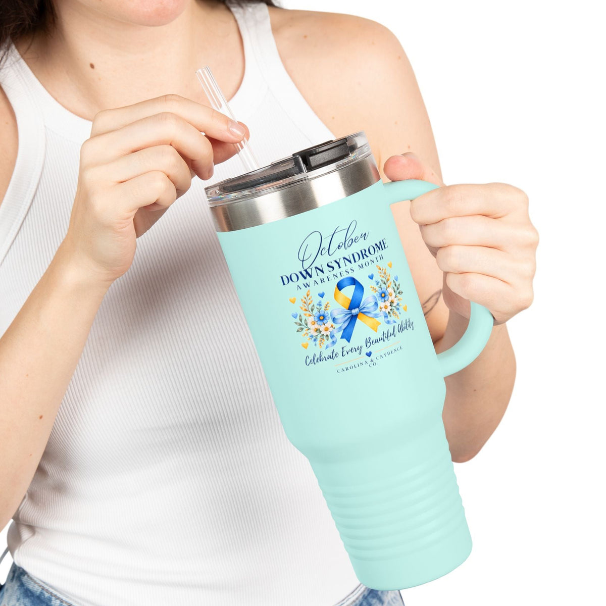 Down Syndrome Awareness 40 oz Insulated Travel Mug – Ribbon Floral Design