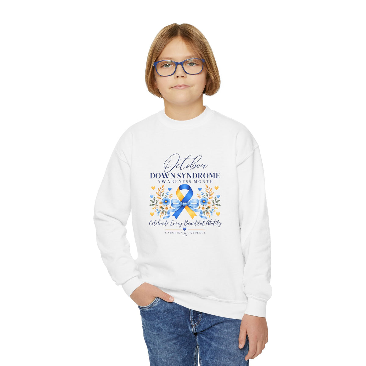 Down Syndrome Awareness Youth Crewneck – Floral Ribbon