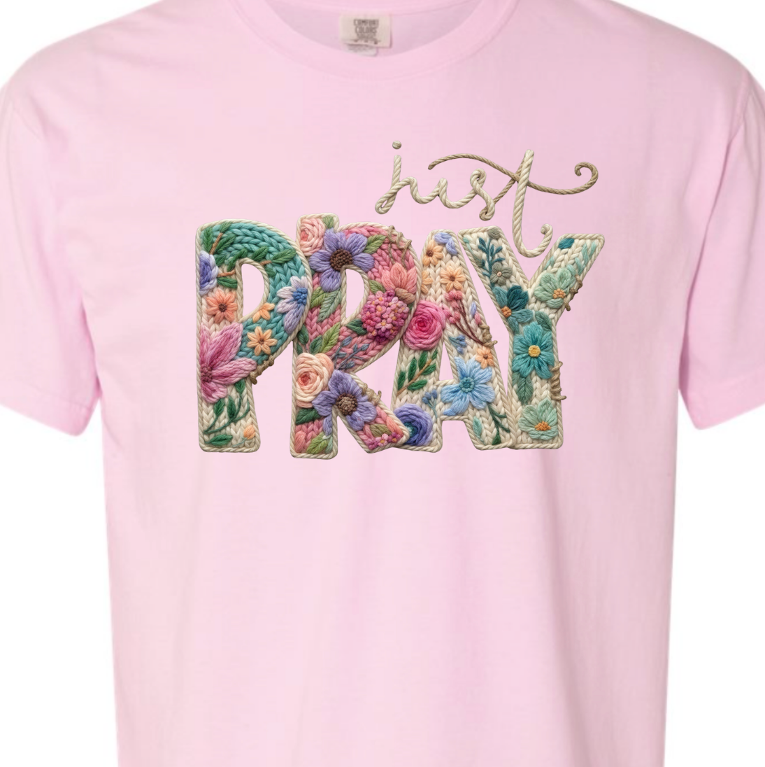 Just Pray Faux Yarn Crochet Comfort Color Tee