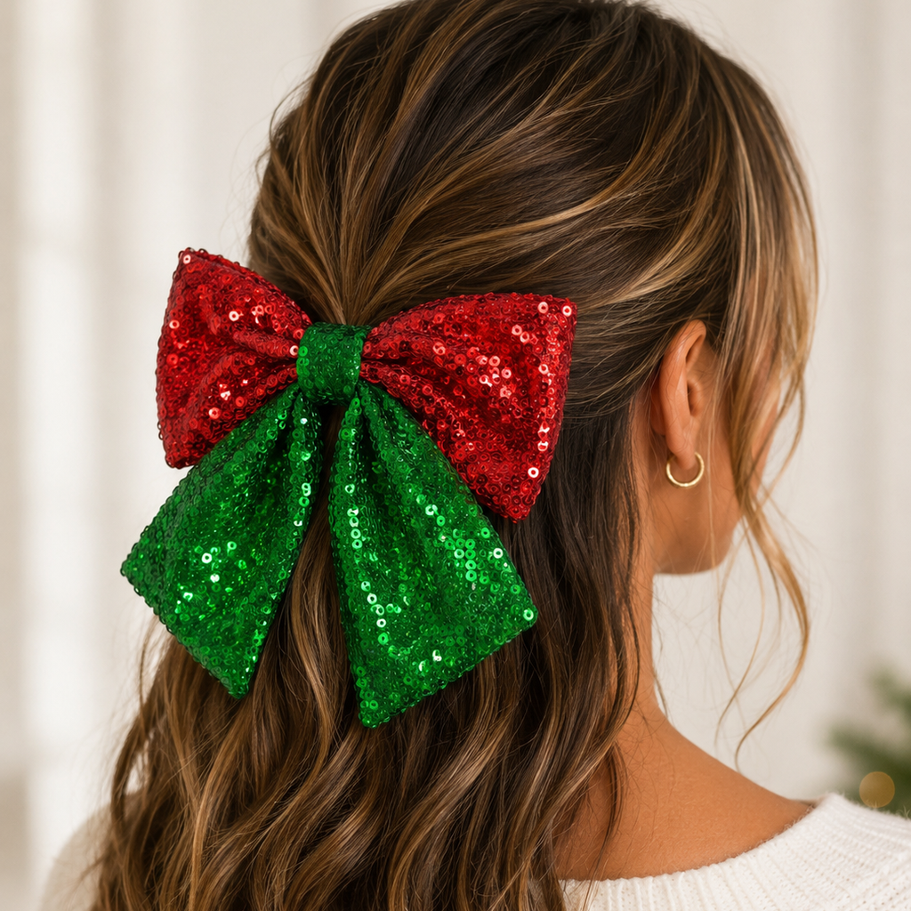 Sequin Christmas Hair Bow – Red & Green