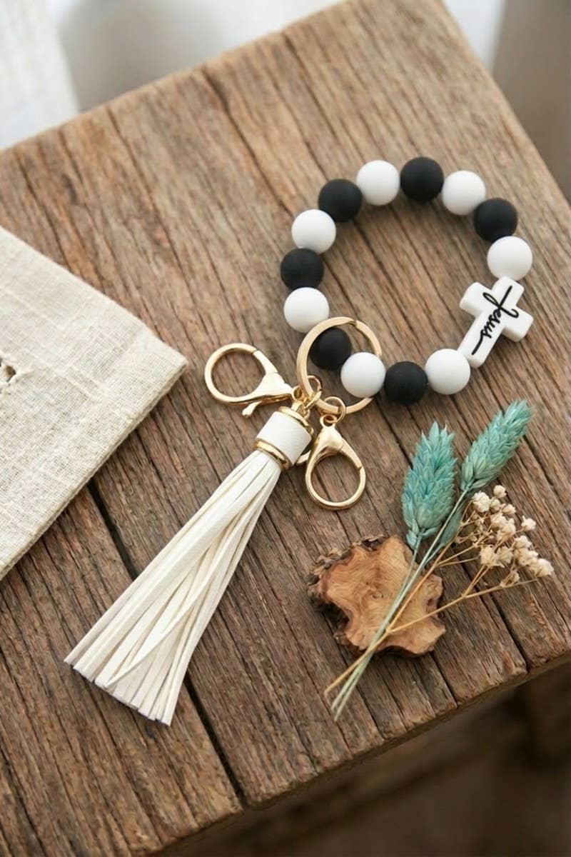 Jesus Cross Beaded Wristlet Keychain