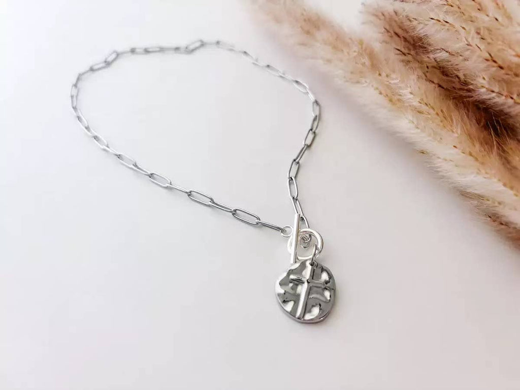 Gold Hammered Cross Paperclip Necklace