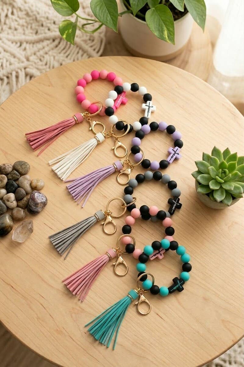 Jesus Cross Beaded Wristlet Keychain