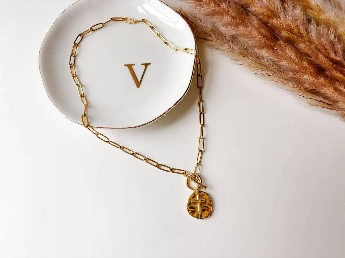Gold Hammered Cross Paperclip Necklace