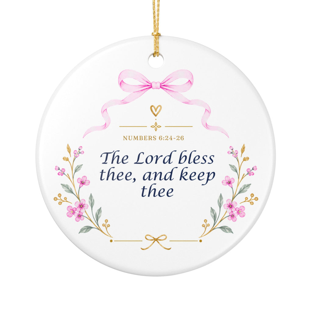 Pink Ceramic Ornament – "The Lord Bless Thee" Floral Keepsake (Personalizable Monogram Option)