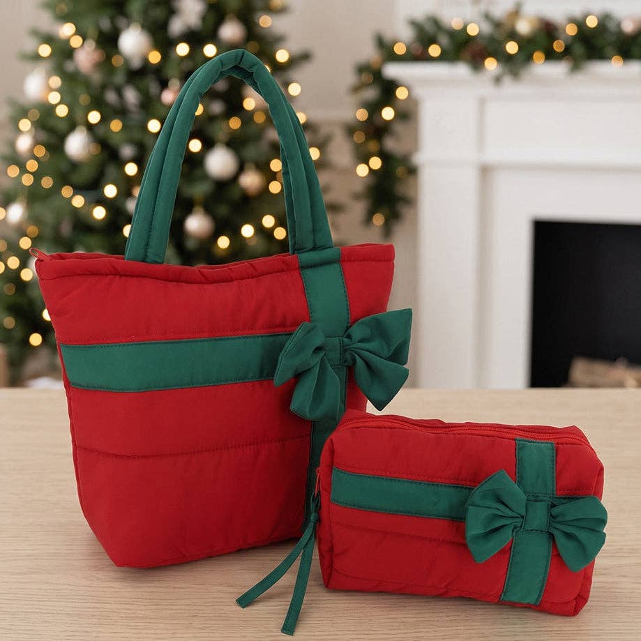 Red Quilted Christmas Tote with Green Bow