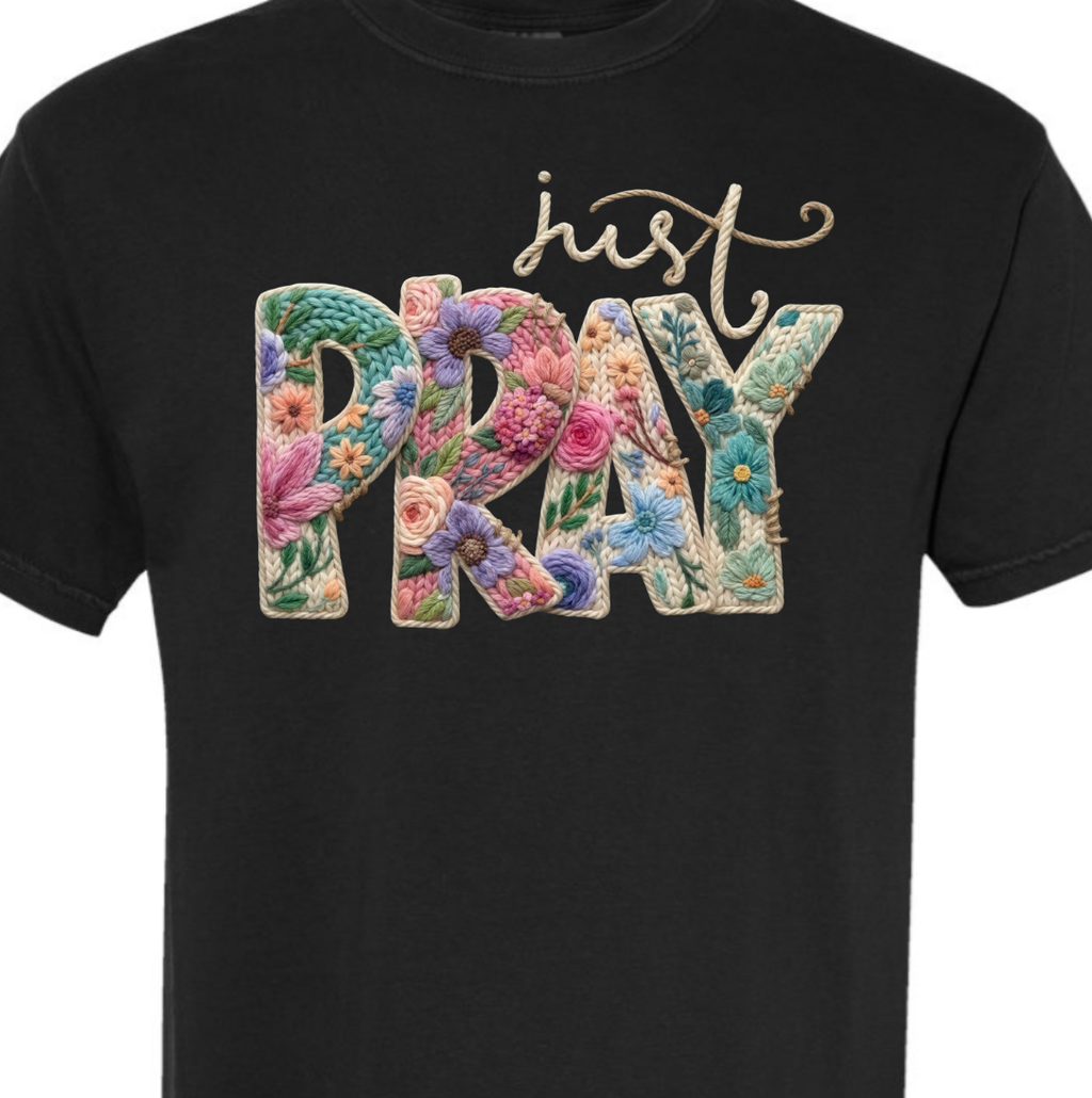 Just Pray Faux Yarn Crochet Comfort Color Tee