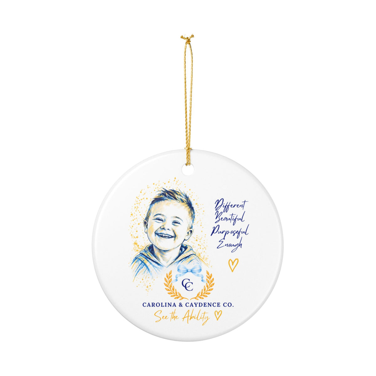 Boy Down Syndrome Awareness Personalized Ceramic Ornament – "Different, Beautiful, Purposeful, Enough" Charity Keepsake
