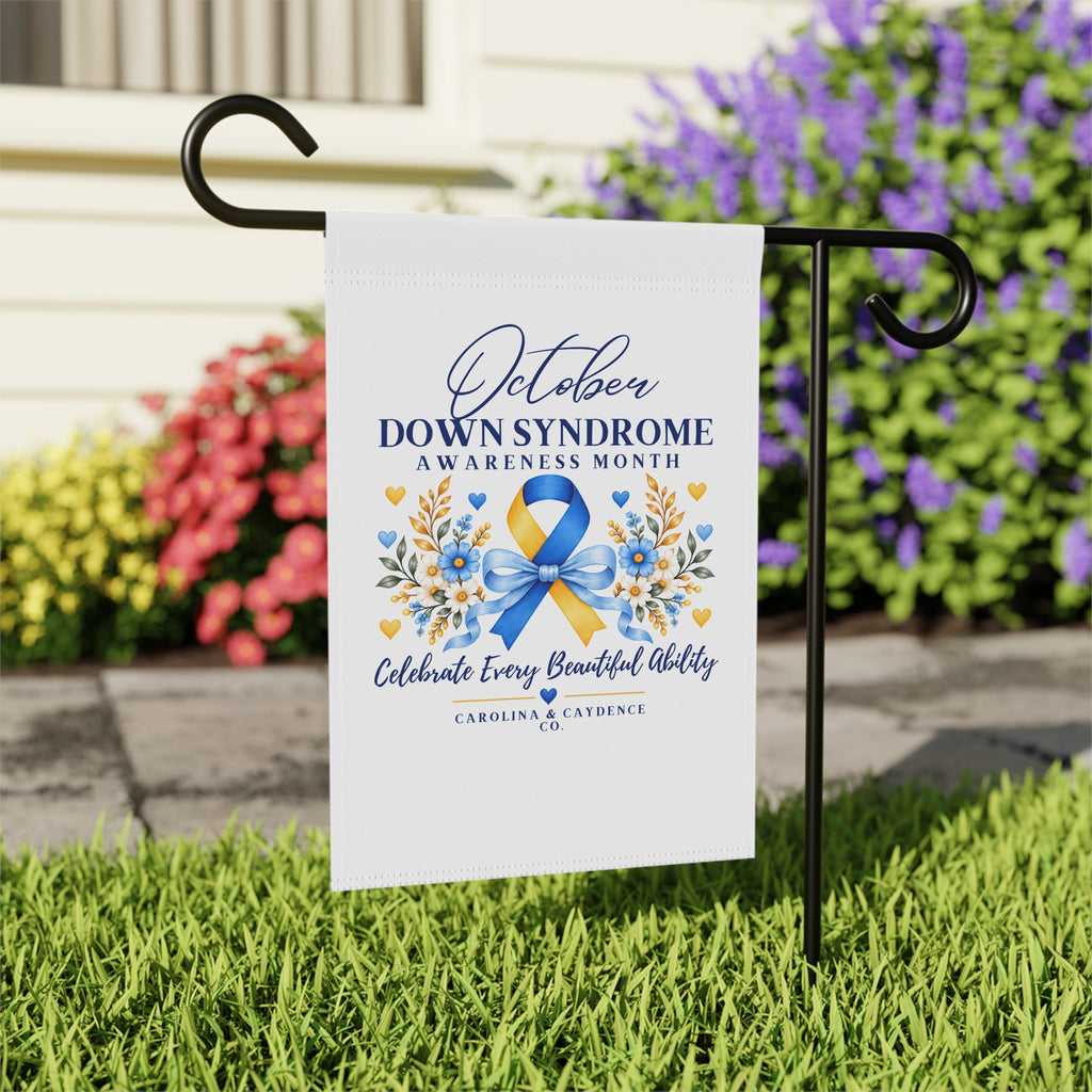Down Syndrome Awareness Garden Flag – "October Down Syndrome Awareness Month" Ribbon Garden Banner