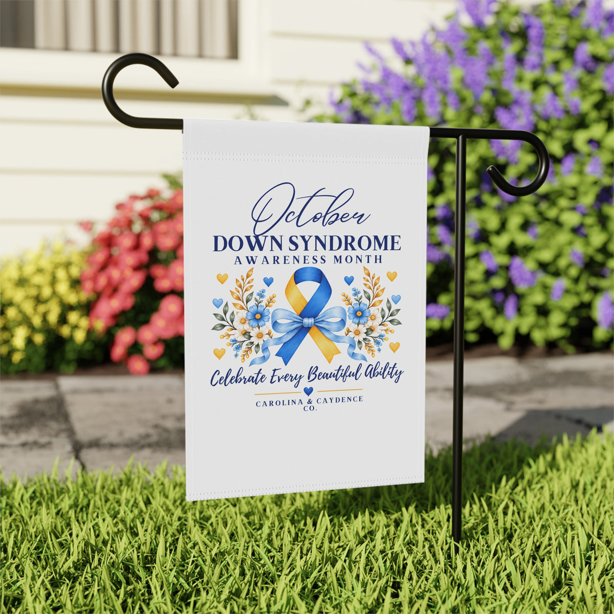 Down Syndrome Awareness Garden Flag – "October Down Syndrome Awareness Month" Ribbon Garden Banner