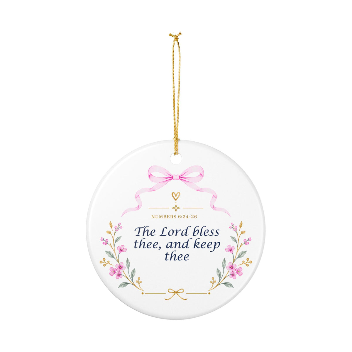 Pink Ceramic Ornament – "The Lord Bless Thee" Floral Keepsake (Personalizable Monogram Option)