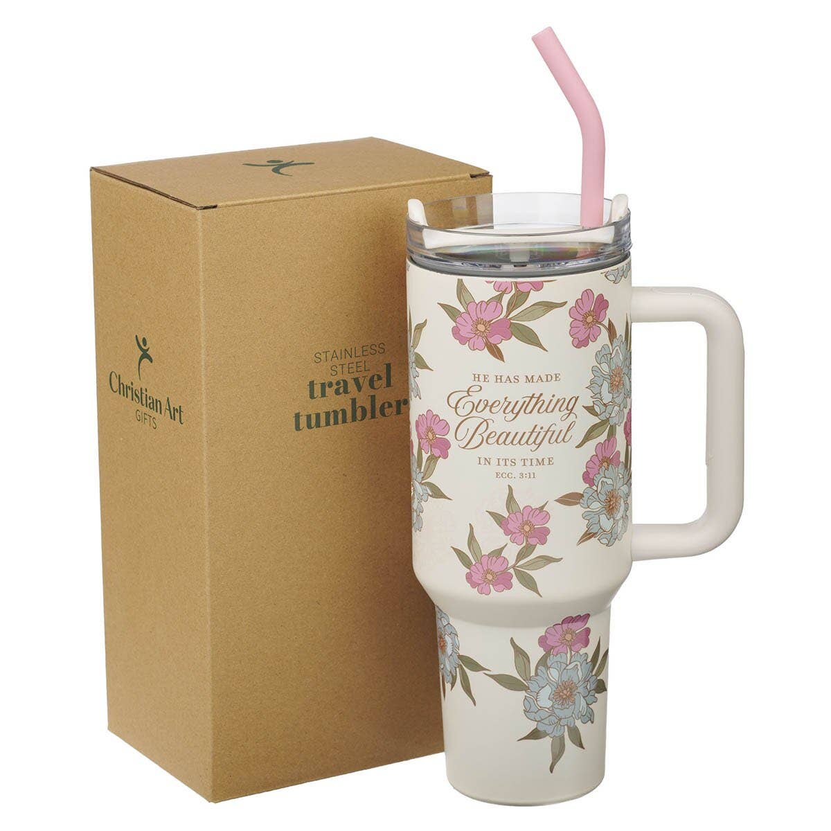 Everything Beautiful 40 oz Tumbler – Ivory Floral (Ecclesiastes 3:11)