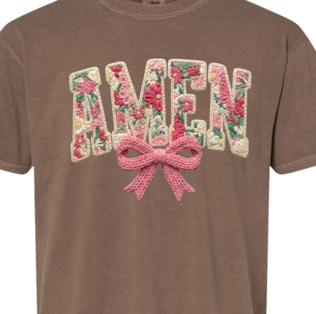 Coquette Amen Faux Yarn Crochet Comfort Color Tee