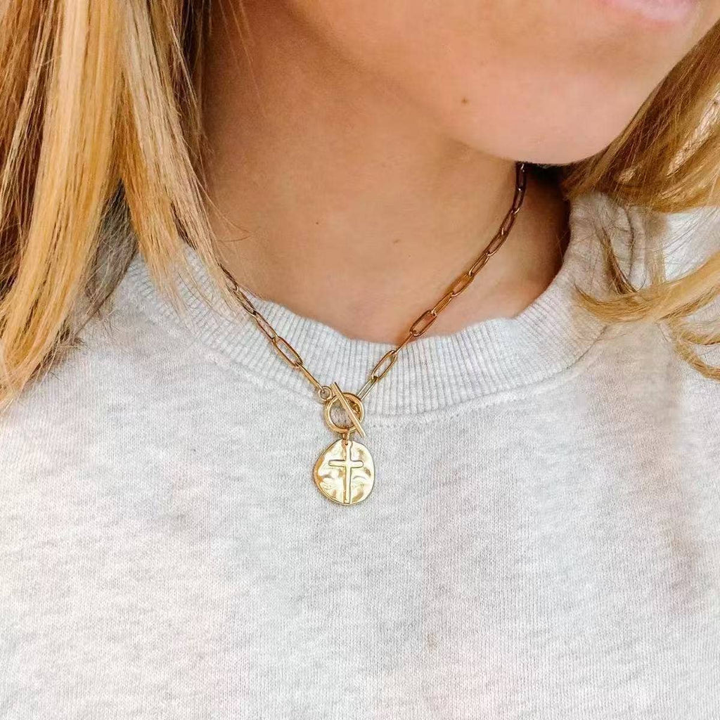 Gold Hammered Cross Paperclip Necklace