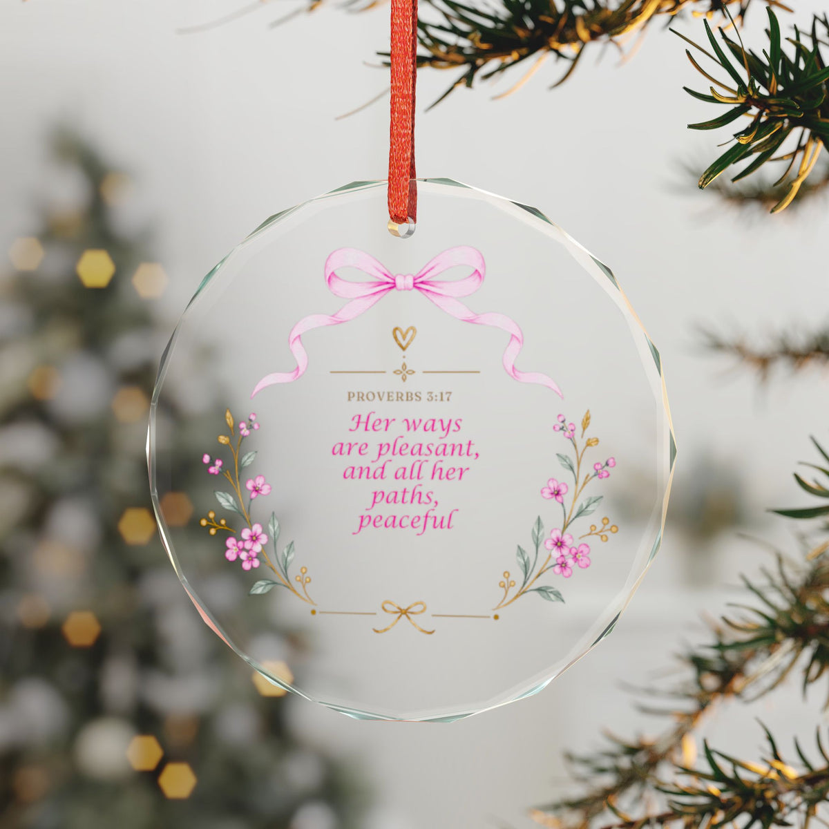 Glass Ornament – "Her Ways Are Pleasant" Floral Bible Verse Christmas Ornament