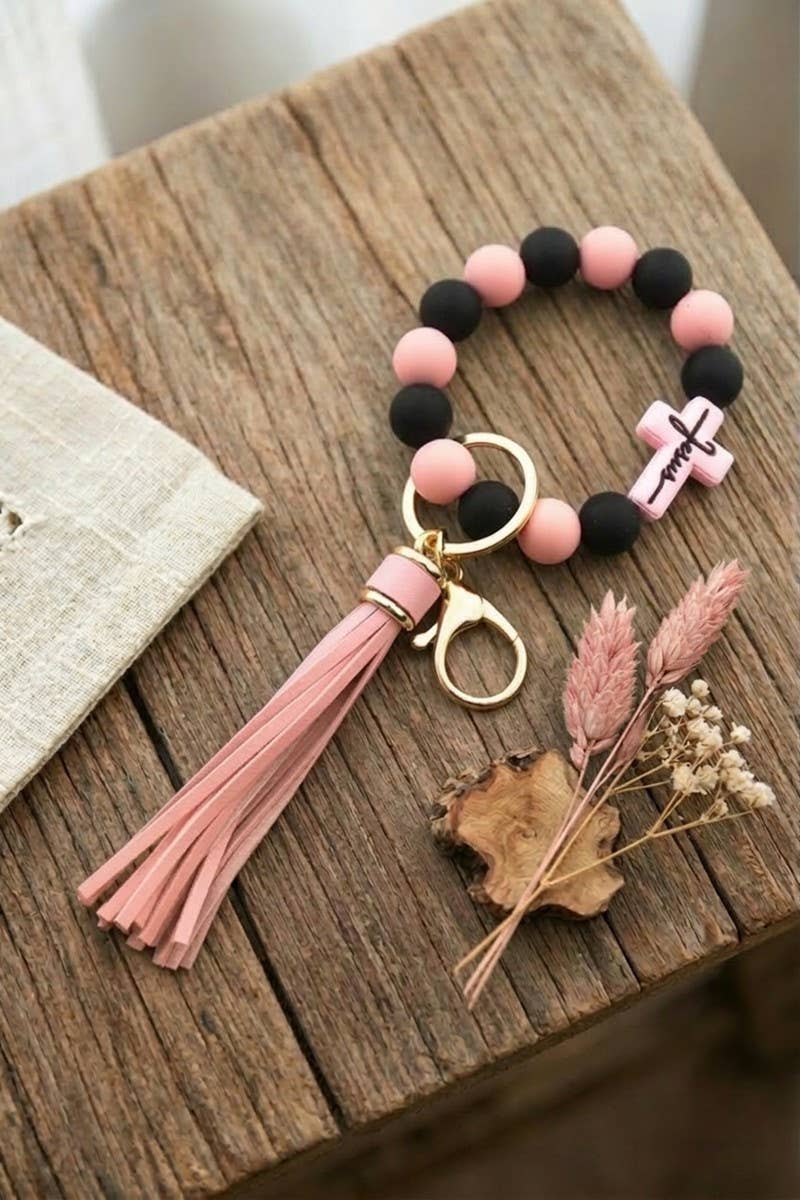 Jesus Cross Beaded Wristlet Keychain