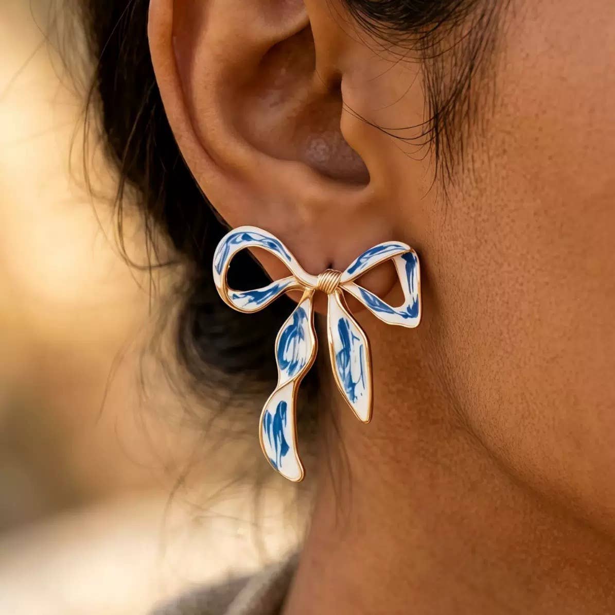Blue & White Bow Statement Earrings