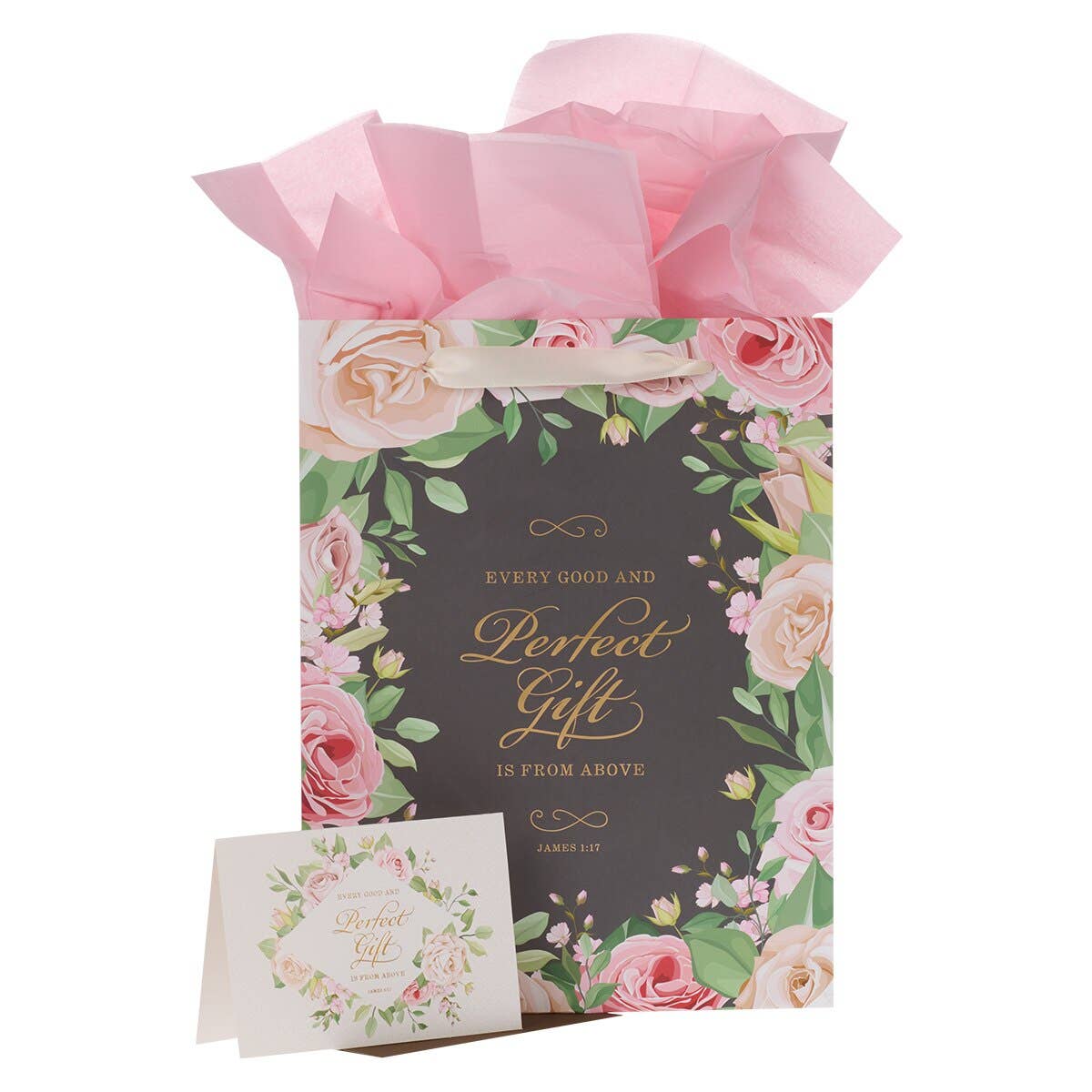 Perfect Gift Pink Rose Large Gift Bag & Card – James 1:17