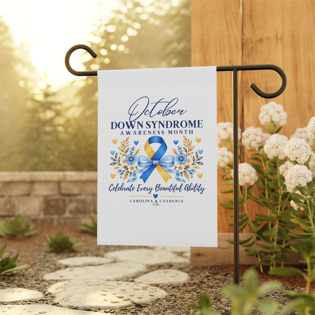 Down Syndrome Awareness Garden Flag – "October Down Syndrome Awareness Month" Ribbon Garden Banner