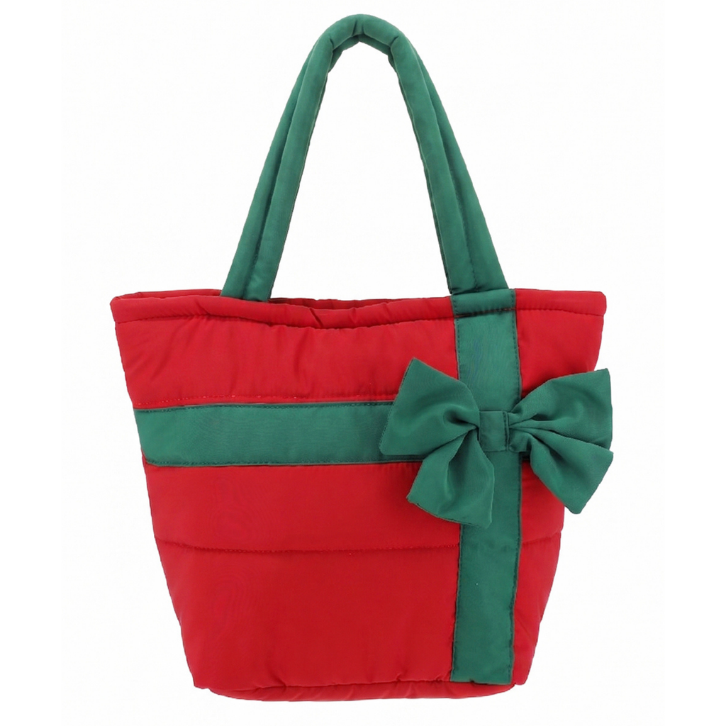 Red Quilted Christmas Tote with Green Bow