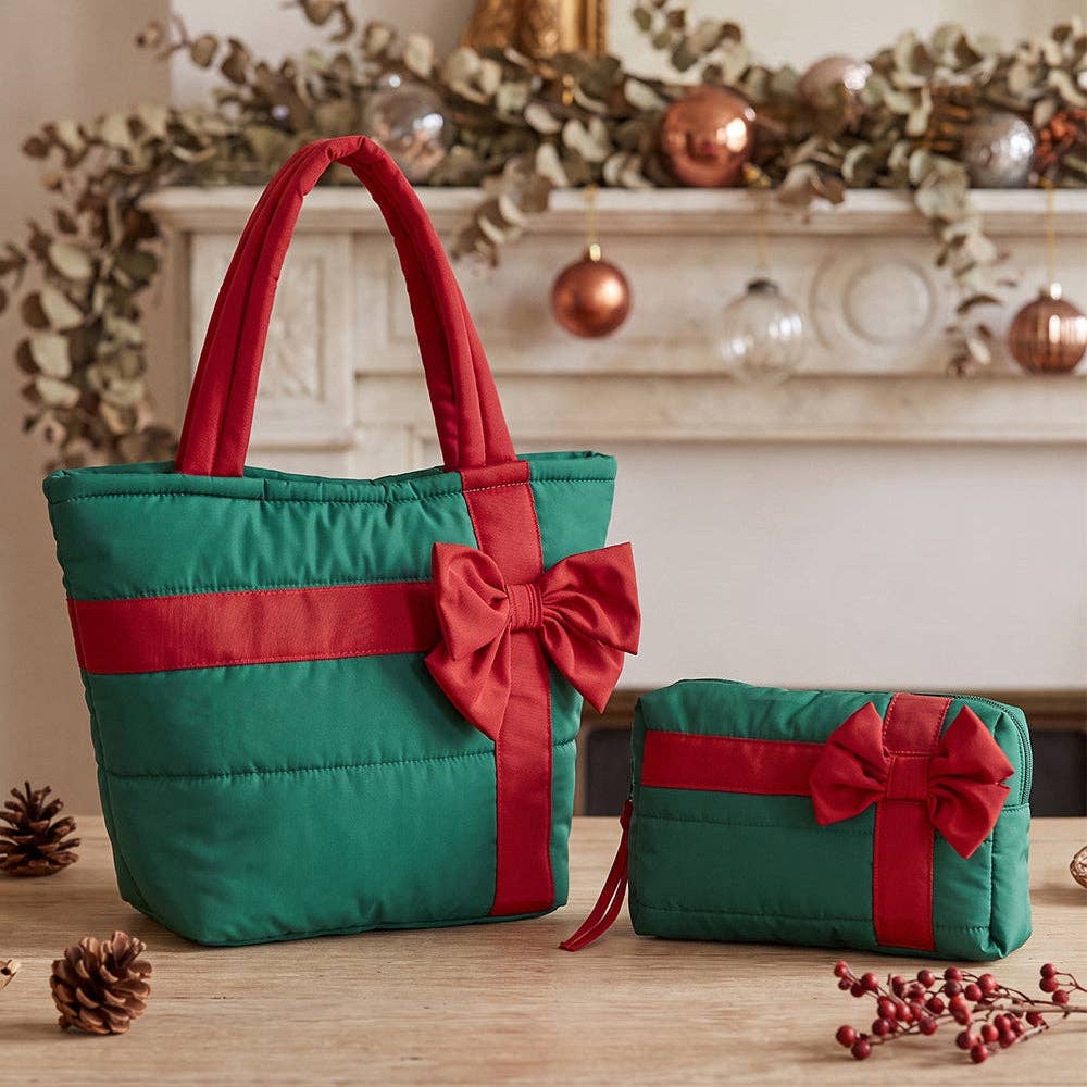Red Quilted Christmas Tote with Green Bow