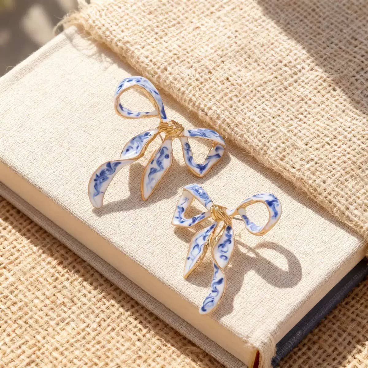 Blue & White Bow Statement Earrings