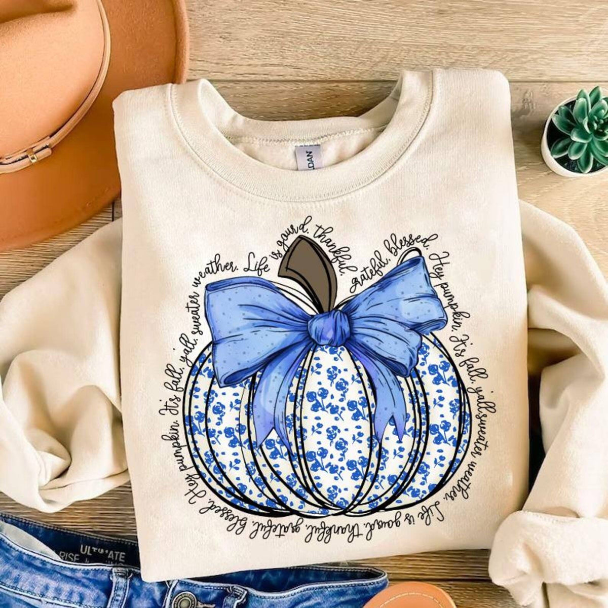 Blue Floral Pumpkin Crewneck Sweatshirt