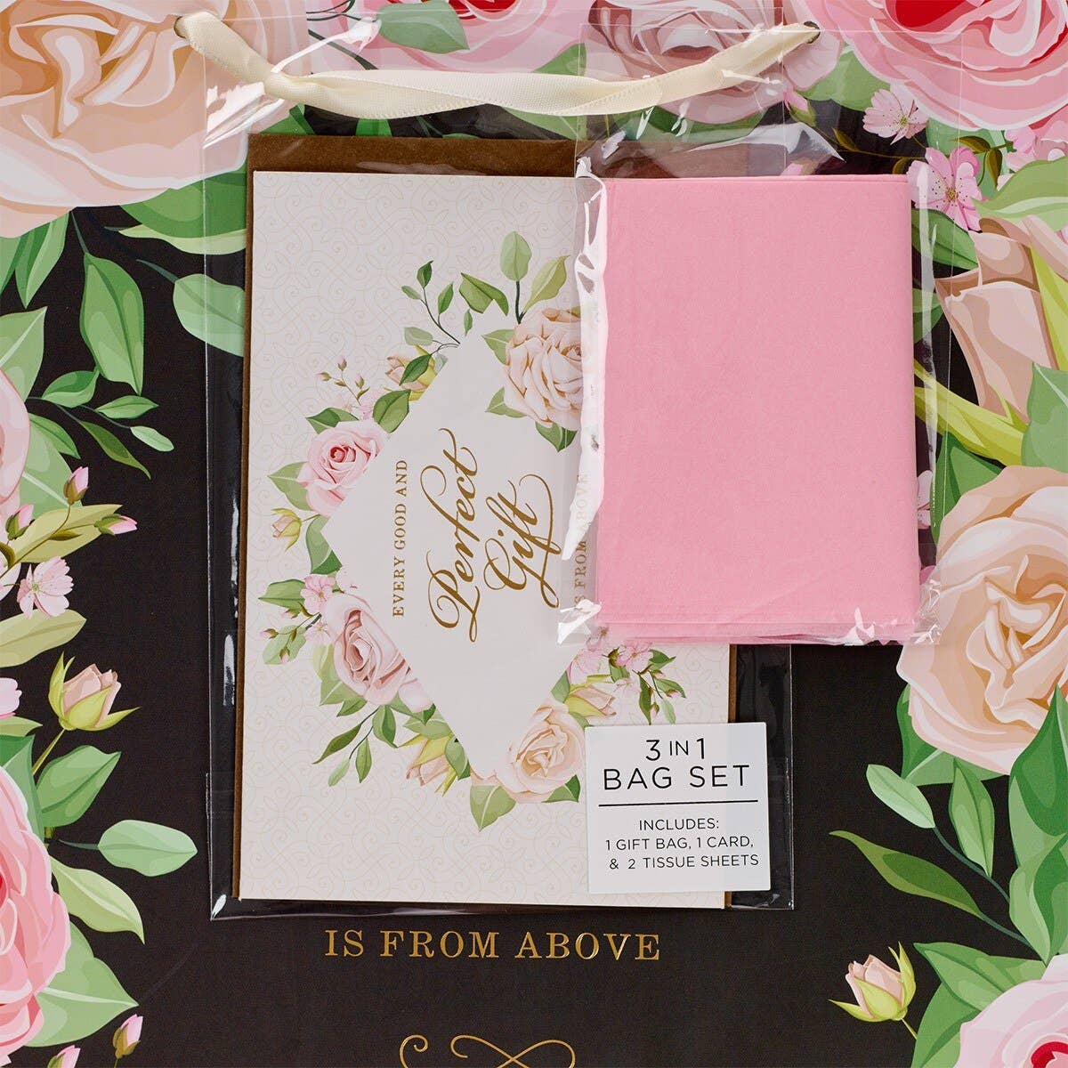 Perfect Gift Pink Rose Large Gift Bag & Card – James 1:17