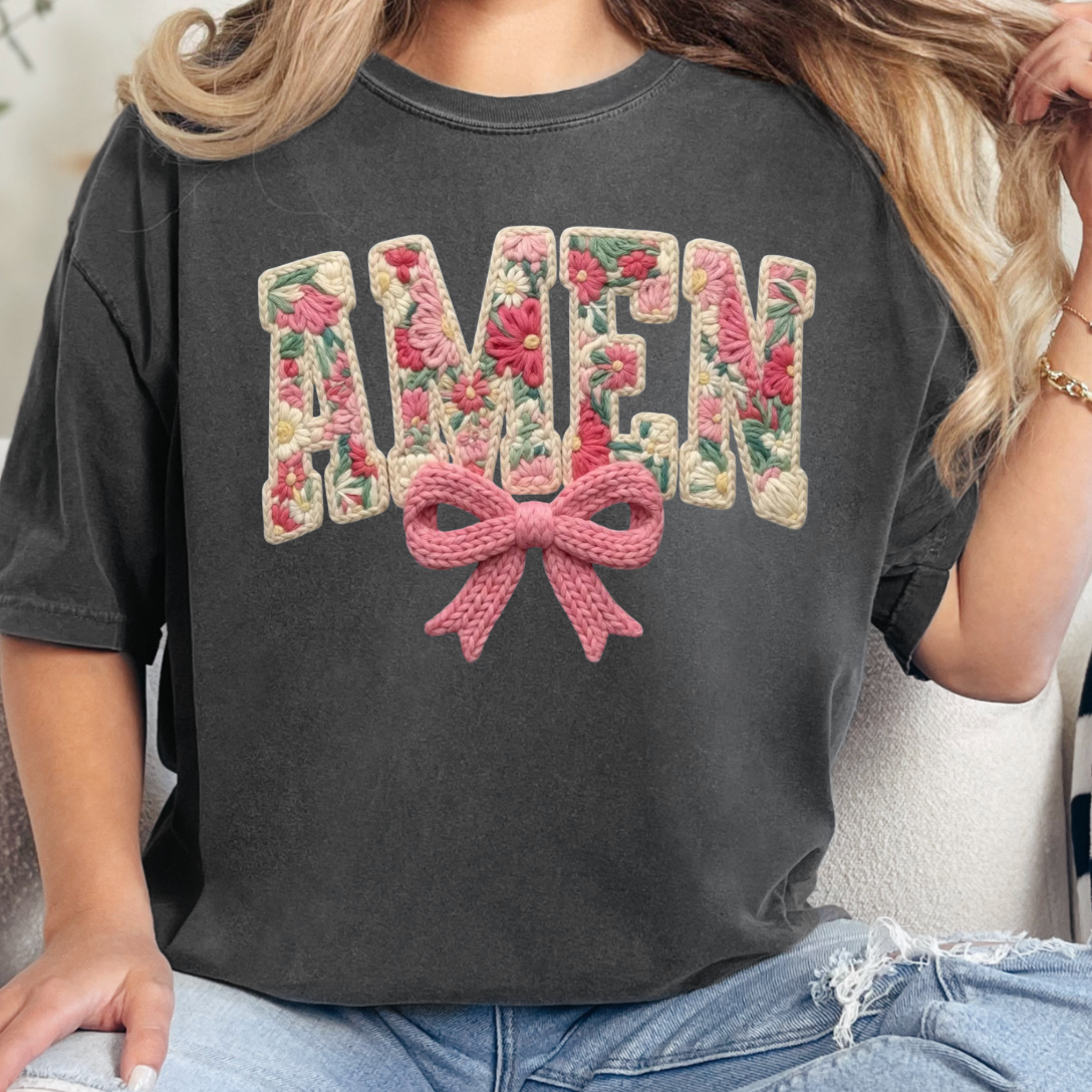 Coquette Amen Faux Yarn Crochet Comfort Color Tee