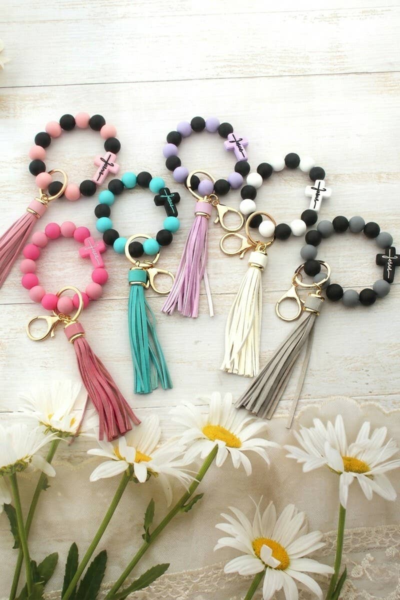 Jesus Cross Beaded Wristlet Keychain