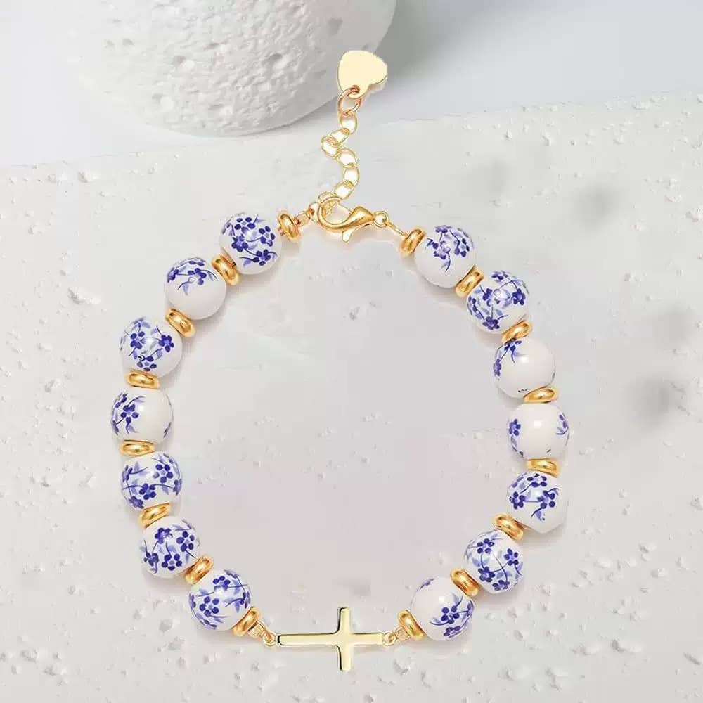 Blue, White & Gold Beaded Cross Bracelet