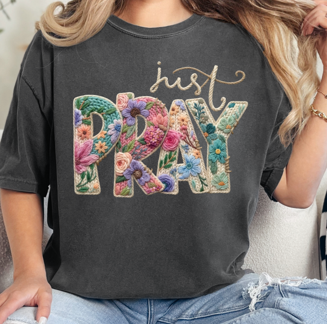 Just Pray Faux Yarn Crochet Comfort Color Tee